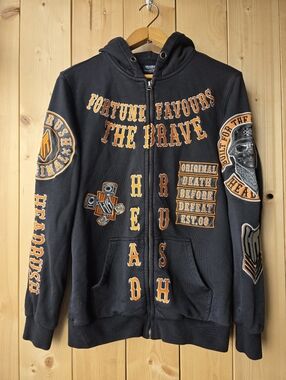 Headrush Fortune Favors The Brave Zip Up Skull Biker Hoodie Black Orange Small